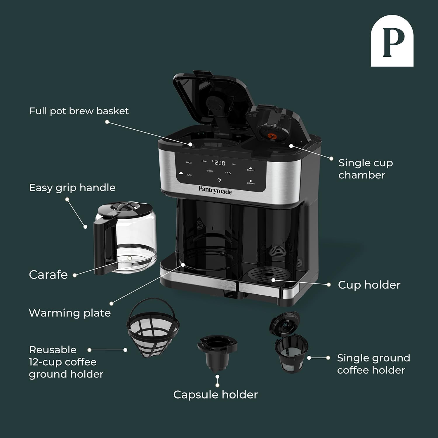 Pantrymade Dual Brew Coffee Maker | 12 Cup Glass Carafe & Single Serve K-Cup Combo | Programmable Touchscreen Coffee Machine for Ground Coffee or Pods | Auto Shut-Off, Black
