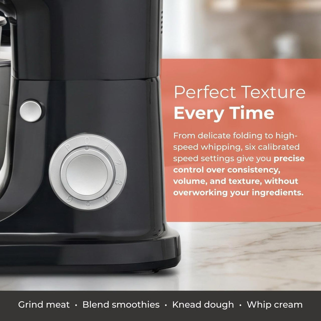 ProMix 1000 Stand Mixer, 700W Tilt-Head Kitchen Mixer with 6.3-Qt Stainless Steel Bowl, 6-Speed Control, Dough Hook, Flat Beater & Whisk, Planetary Mixing Action, Black