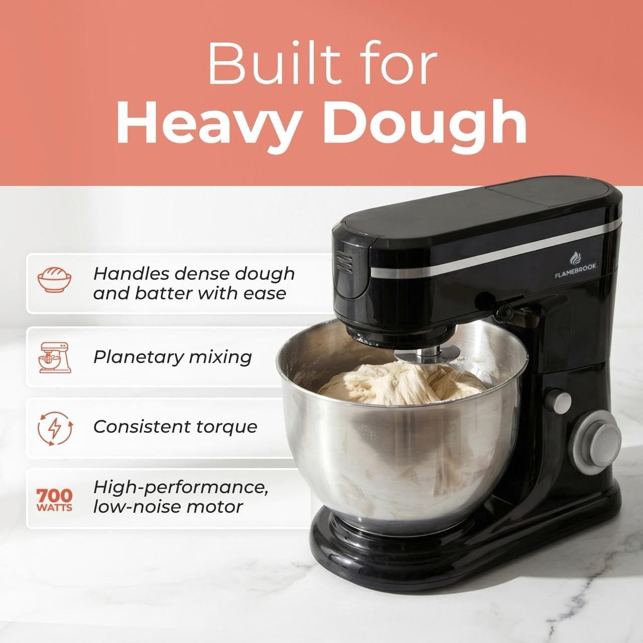 ProMix 1000 Stand Mixer, 700W Tilt-Head Kitchen Mixer with 6.3-Qt Stainless Steel Bowl, 6-Speed Control, Dough Hook, Flat Beater & Whisk, Planetary Mixing Action, Black