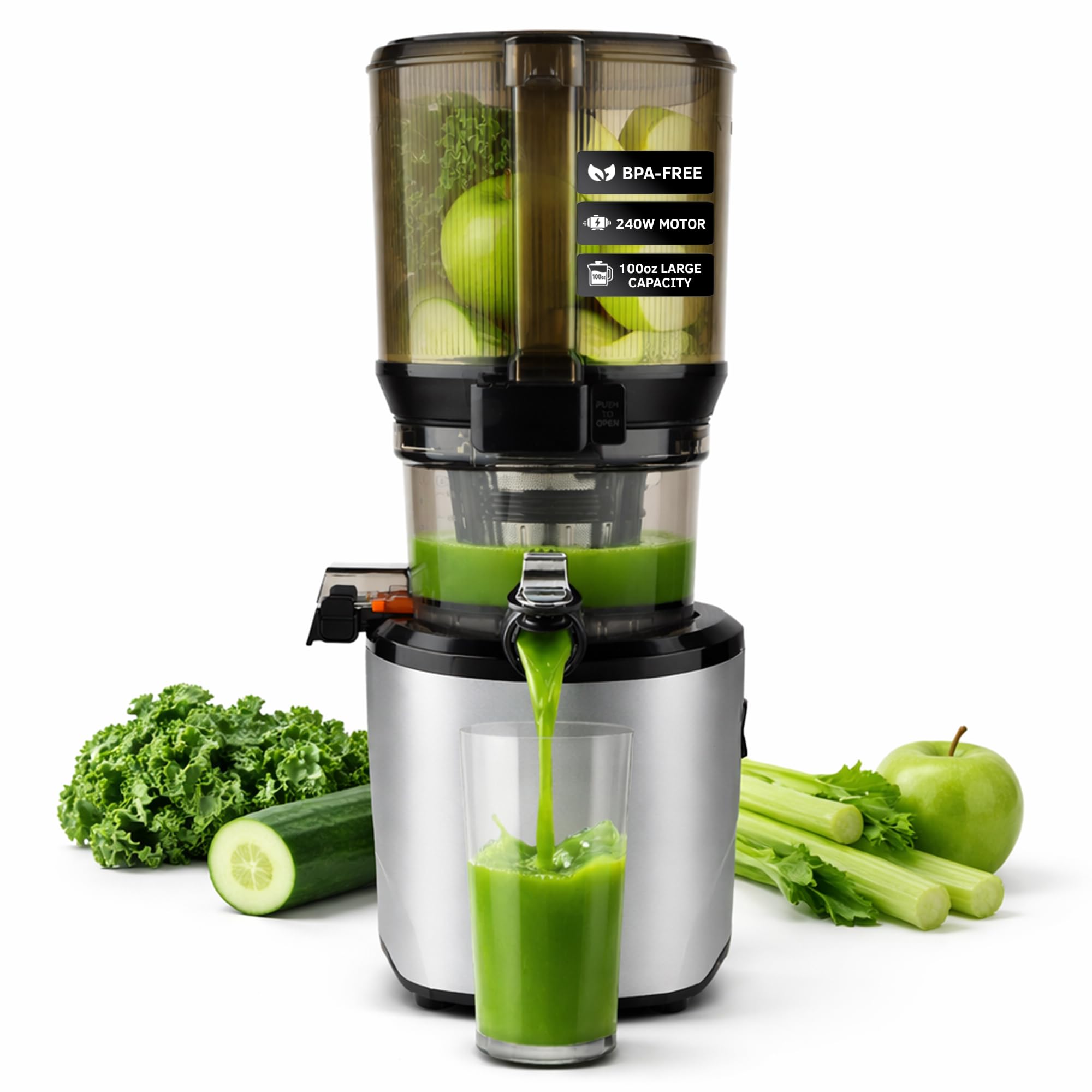 Kuvings AUTO10 Cold Press Juicer Machine – Self-Feeding for Hands-Free Use – Easy to Clean, Quiet 240W Motor, 100 oz Large Masticating Juicer – Designed for Silky Juice with Low Pulp – White