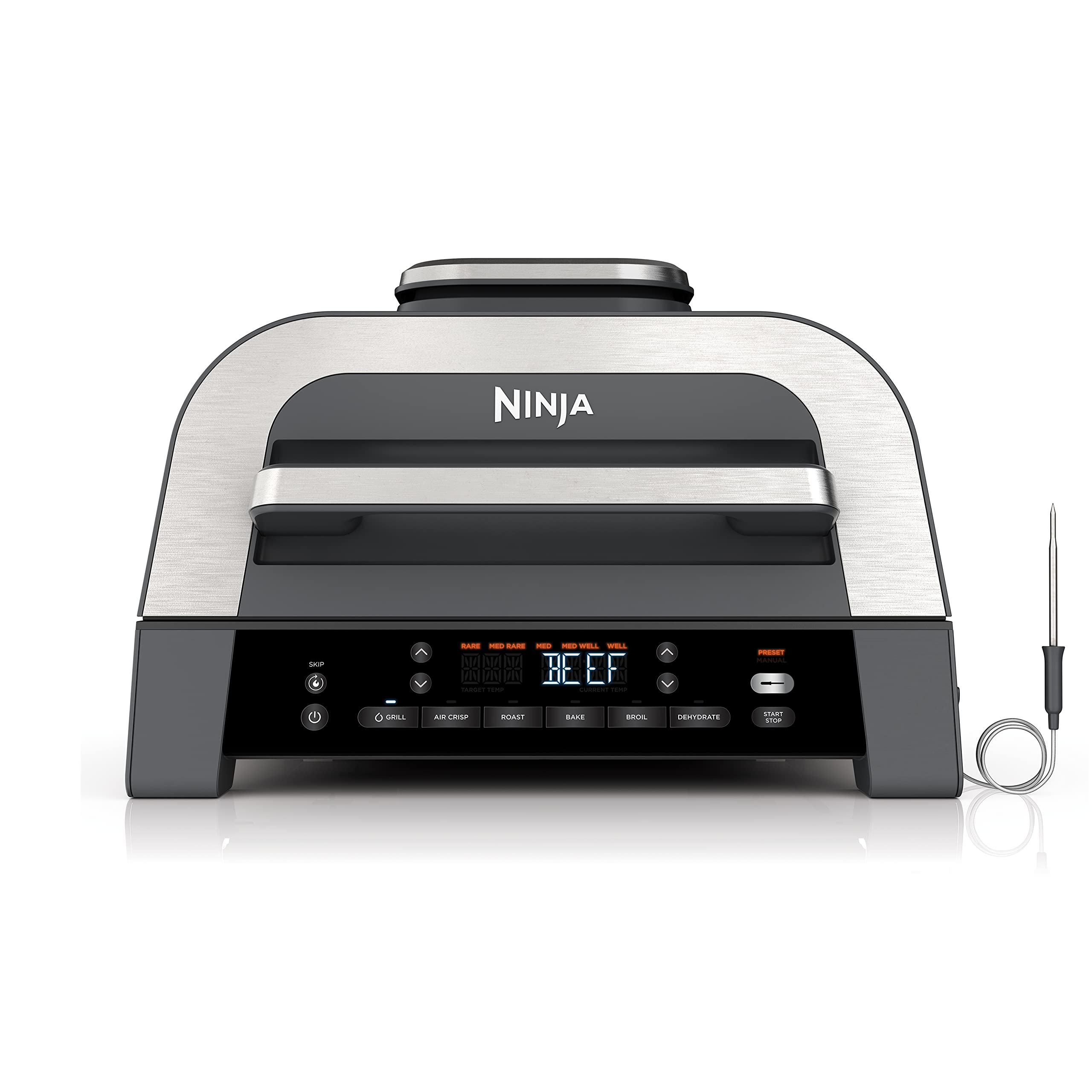 Ninja | Indoor Grill and Air Fryer| Foodi Smart XL | 6-in-1 Grill, Air Fry, Roast, Bake, Broil, Dehydrate & Crisp |Smart Thermometer & Splatter Shield | Dishwasher Safe Parts | Black/Silver | FG551