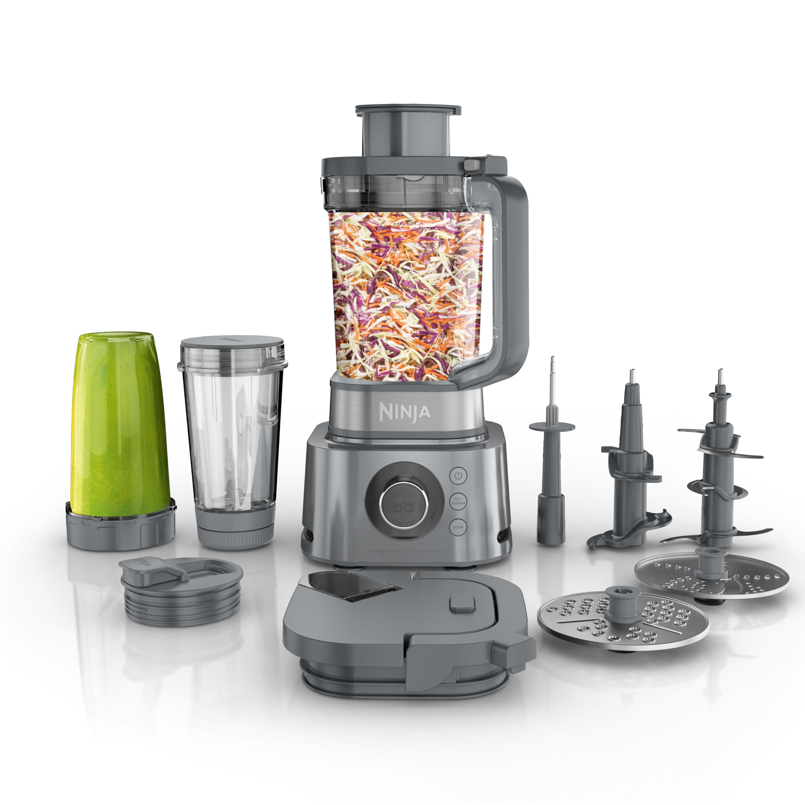 Ninja Blender, Compact Kitchen System, 1200W, 3 Functions for Smoothies, Dough & Frozen Drinks with Auto-IQ, 72-oz.* Blender Pitcher, 40-oz. Processor Bowl & 18-oz. Single-Serve Cup, Grey, AMZ493BRN