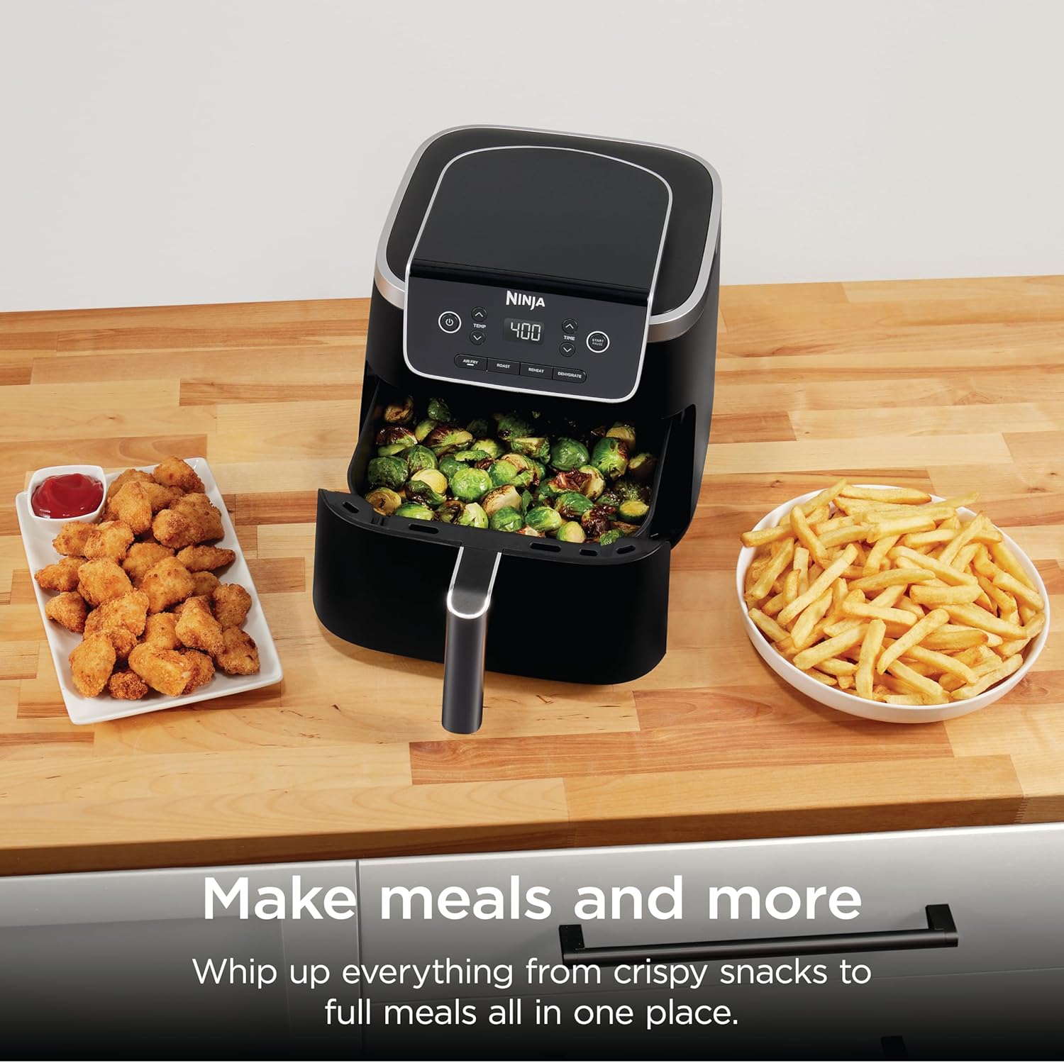 Ninja Air Fryer with Air Crisp | 5 QT Capacity fits up to 4lbs of Fries | 4-in-1 Pro Air Fry, Roast, Reheat, Dehydrate | 400°F Max Temp | 1750 Watts | W/Nonstick Basket & Crisper Plate | Grey | AF141