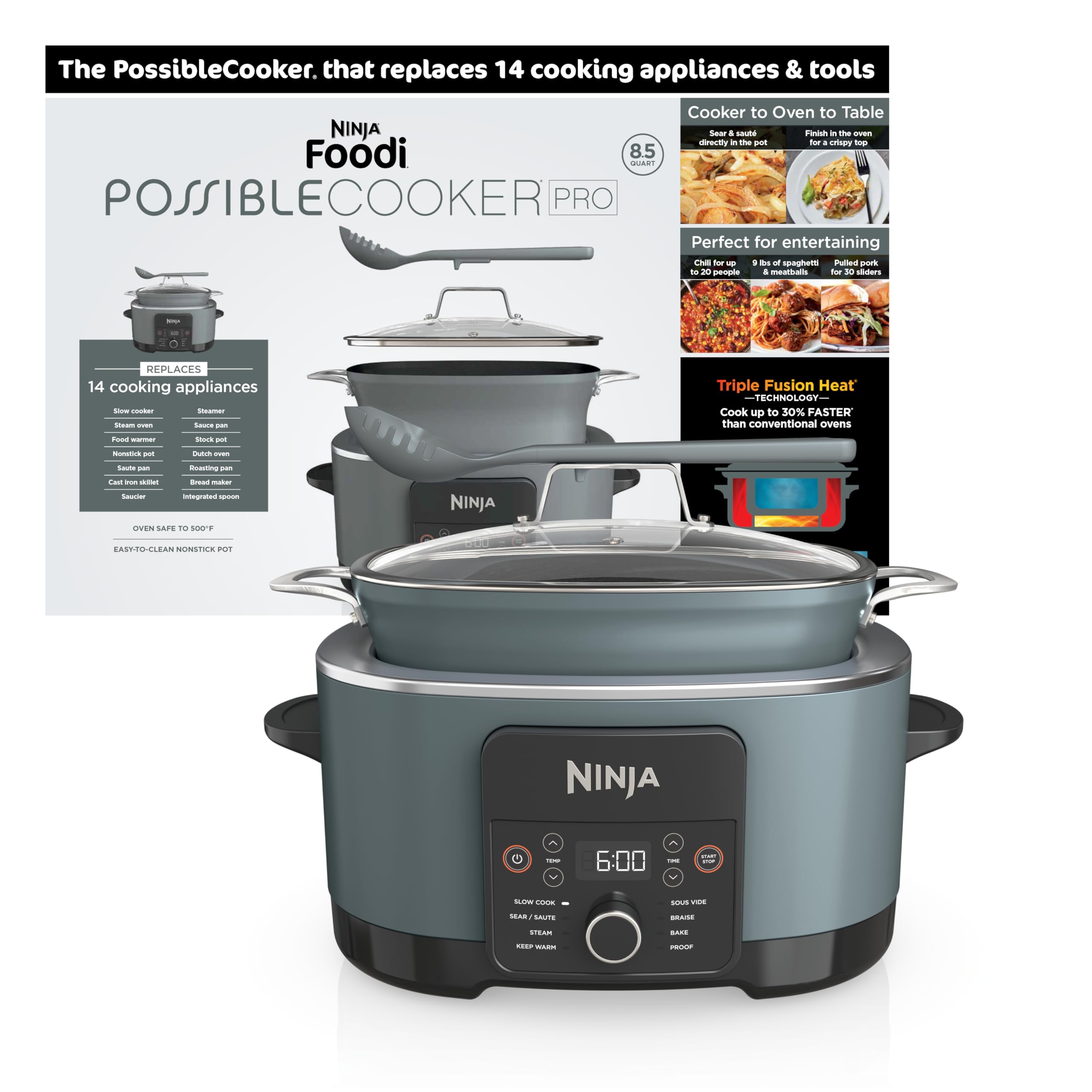Ninja® 12-in-1 PossibleCooker™ PLUS | 8.5-qt - Sous Vide & Proof Multi-Cooker | Slow Cooker, Dutch Oven & More | Glass Lid & Integrated Spoon | Nonstick | Oven Safe Pot to 500°F | Black | MC1010